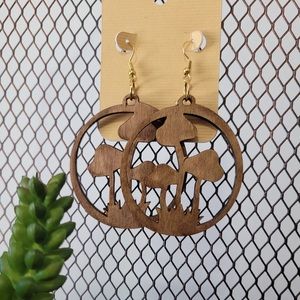Boho Hippie Wooden Circular Mushroom Dangle Earrings